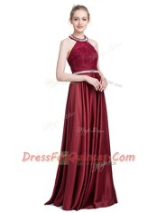 Beautiful Burgundy Column/Sheath Taffeta Halter Top Sleeveless Beading and Lace Floor Length Zipper Prom Gown