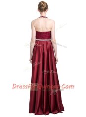 Beautiful Burgundy Column/Sheath Taffeta Halter Top Sleeveless Beading and Lace Floor Length Zipper Prom Gown