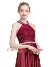 Beautiful Burgundy Column/Sheath Taffeta Halter Top Sleeveless Beading and Lace Floor Length Zipper Prom Gown