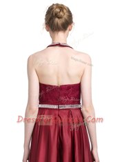 Beautiful Burgundy Column/Sheath Taffeta Halter Top Sleeveless Beading and Lace Floor Length Zipper Prom Gown