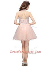 Hot Sale Beading Evening Dress Baby Pink Zipper Sleeveless Mini Length