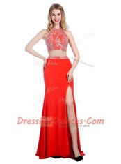 Sleeveless With Train Beading Criss Cross Homecoming Dress with Coral Red Sweep Train