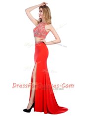 Sleeveless With Train Beading Criss Cross Homecoming Dress with Coral Red Sweep Train