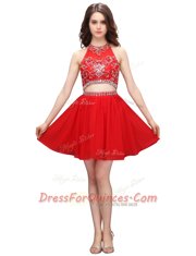 Inexpensive Coral Red High-neck Zipper Beading and Appliques Prom Gown Sleeveless