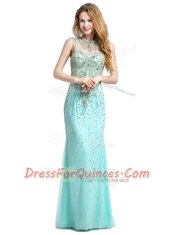 Glorious With Train Zipper Prom Gown Turquoise for Prom and Party with Beading Brush Train