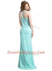 Glorious With Train Zipper Prom Gown Turquoise for Prom and Party with Beading Brush Train