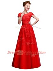 New Arrival Red Short Sleeves Floor Length Lace Lace Up Prom Dress