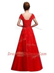 New Arrival Red Short Sleeves Floor Length Lace Lace Up Prom Dress