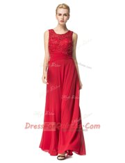 Chiffon Scoop Sleeveless Lace Up Beading and Ruching Prom Evening Gown in Red