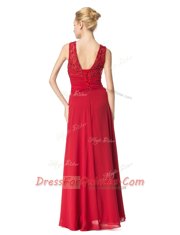 Chiffon Scoop Sleeveless Lace Up Beading and Ruching Prom Evening Gown in Red