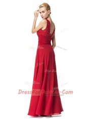 Chiffon Scoop Sleeveless Lace Up Beading and Ruching Prom Evening Gown in Red