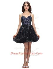 Pretty Sequins Mini Length A-line Sleeveless Black Lace Up