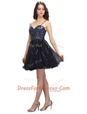 Pretty Sequins Mini Length A-line Sleeveless Black Lace Up