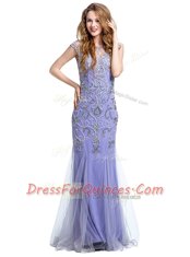 Graceful Mermaid Scoop Beading Prom Dress Lavender Side Zipper Cap Sleeves Floor Length