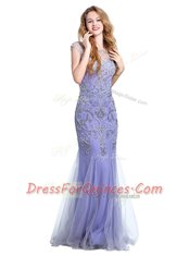 Graceful Mermaid Scoop Beading Prom Dress Lavender Side Zipper Cap Sleeves Floor Length