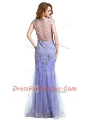 Graceful Mermaid Scoop Beading Prom Dress Lavender Side Zipper Cap Sleeves Floor Length