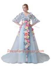 Fashion Light Blue A-line Hand Made Flower Dress for Prom Zipper Tulle Half Sleeves With Train
