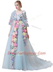 Fashion Light Blue A-line Hand Made Flower Dress for Prom Zipper Tulle Half Sleeves With Train