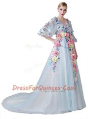 Fashion Light Blue A-line Hand Made Flower Dress for Prom Zipper Tulle Half Sleeves With Train