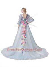 Fashion Light Blue A-line Hand Made Flower Dress for Prom Zipper Tulle Half Sleeves With Train
