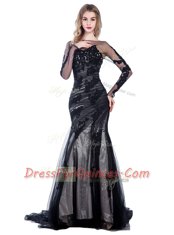 Classical Mermaid Black Bateau Zipper Lace Prom Dresses Court Train Long Sleeves