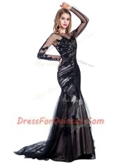 Classical Mermaid Black Bateau Zipper Lace Prom Dresses Court Train Long Sleeves