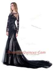 Classical Mermaid Black Bateau Zipper Lace Prom Dresses Court Train Long Sleeves
