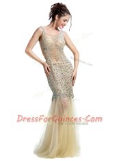 Delicate Mermaid Champagne Sleeveless Floor Length Beading Backless Prom Evening Gown