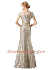 Champagne Mermaid Scoop Sleeveless Sequined Floor Length Zipper Sequins Prom Gown