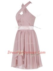 Pink Sleeveless Mini Length Ruching Backless Prom Gown