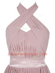 Pink Sleeveless Mini Length Ruching Backless Prom Gown