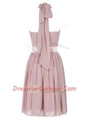 Pink Sleeveless Mini Length Ruching Backless Prom Gown