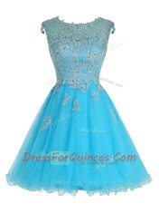 Scoop Sleeveless Mini Length Beading and Appliques Zipper with Baby Blue