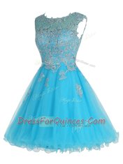 Scoop Sleeveless Mini Length Beading and Appliques Zipper with Baby Blue