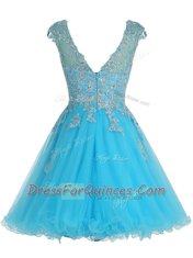 Scoop Sleeveless Mini Length Beading and Appliques Zipper with Baby Blue