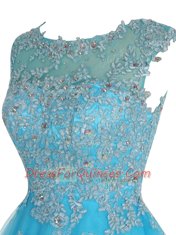 Scoop Sleeveless Mini Length Beading and Appliques Zipper with Baby Blue