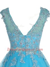 Scoop Sleeveless Mini Length Beading and Appliques Zipper with Baby Blue