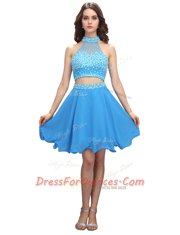 Blue Chiffon Zipper Evening Dress Sleeveless Mini Length Beading