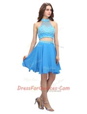 Blue Chiffon Zipper Evening Dress Sleeveless Mini Length Beading