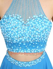 Blue Chiffon Zipper Evening Dress Sleeveless Mini Length Beading