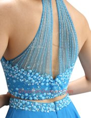 Blue Chiffon Zipper Evening Dress Sleeveless Mini Length Beading