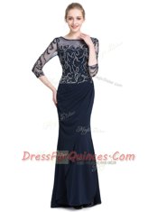 Adorable Navy Blue Bateau Neckline Beading and Appliques Evening Dress 3 4 Length Sleeve Zipper