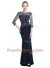 Adorable Navy Blue Bateau Neckline Beading and Appliques Evening Dress 3 4 Length Sleeve Zipper