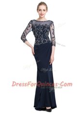 Adorable Navy Blue Bateau Neckline Beading and Appliques Evening Dress 3 4 Length Sleeve Zipper