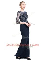 Adorable Navy Blue Bateau Neckline Beading and Appliques Evening Dress 3 4 Length Sleeve Zipper