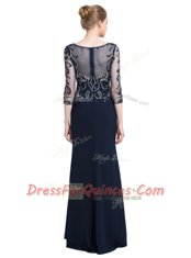 Adorable Navy Blue Bateau Neckline Beading and Appliques Evening Dress 3 4 Length Sleeve Zipper