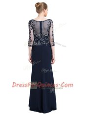 Adorable Navy Blue Bateau Neckline Beading and Appliques Evening Dress 3 4 Length Sleeve Zipper