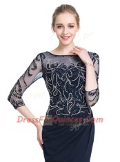 Adorable Navy Blue Bateau Neckline Beading and Appliques Evening Dress 3 4 Length Sleeve Zipper