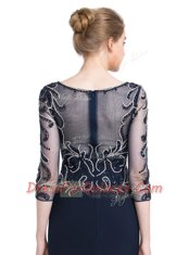 Adorable Navy Blue Bateau Neckline Beading and Appliques Evening Dress 3 4 Length Sleeve Zipper