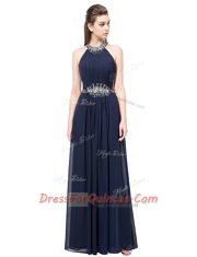 Modest Scoop Sleeveless Chiffon Floor Length Side Zipper in Navy Blue with Beading